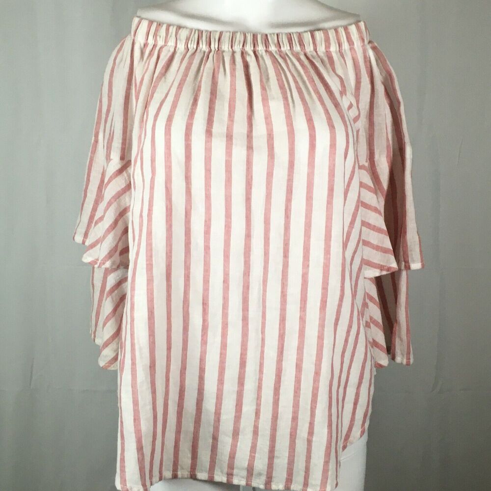 Zoe‎ Shirt Womens Sz XS Red White Striped Linen Cotton Off The Shoulder Layered